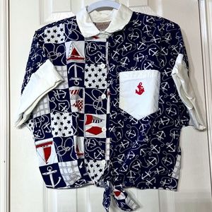 Vintage Obenna Nautical Print Button Down Crop/Tie Top/Shirt Sz XL Custom Button